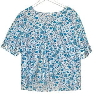 Draper James XL Heidi V-Neck Puff Short Sleeve Top Blue Floral *flaw